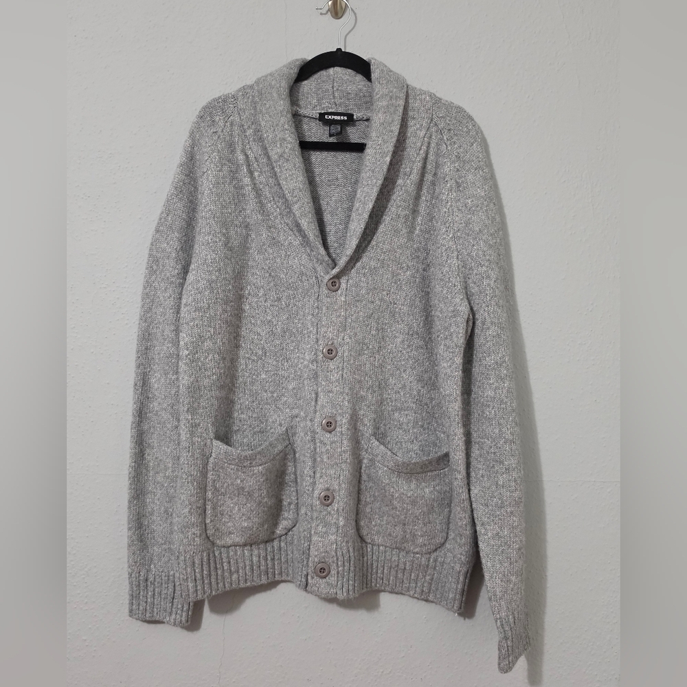 Express Mens Cardigan‎ Shawl Collar Gray Button Sweater Size XL